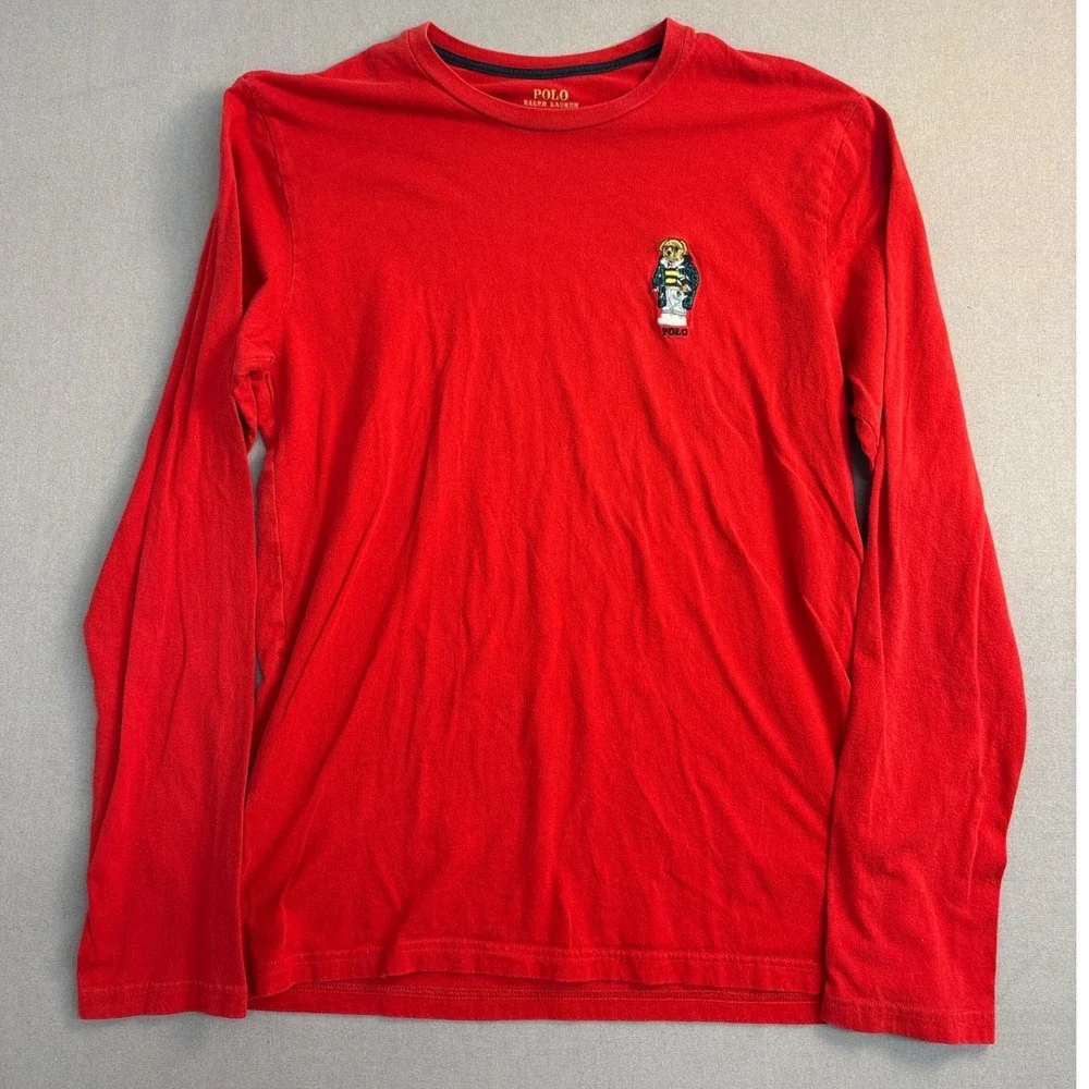 Polo Ralph Lauren Mens Red Polo Bear Long Sleeve T-Shirt Size Medium Cotton